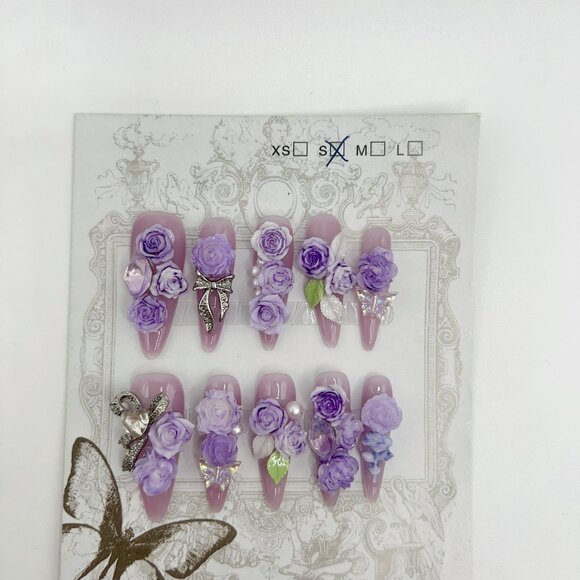 Purple Long Stiletto Press On Nails with Rhinestone 2D Flowers – Small Size - Picture 6 of 6